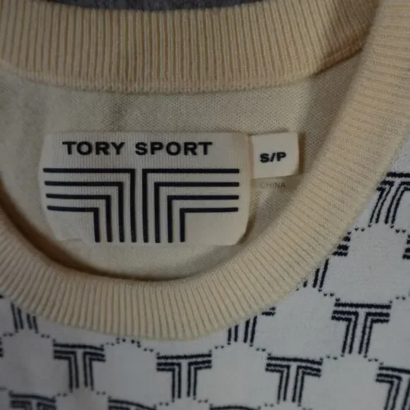 Tory Burch Sweater Womens Small Merino Wool Monogrammed Logo Sport Cream Crew